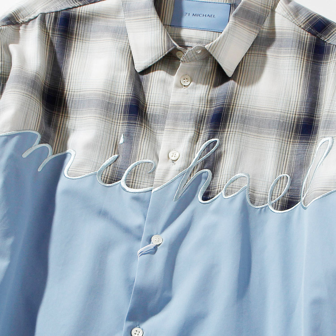 【71MICHAEL】EMBROIDERY SWITCHING SHIRT / SAX BLUE